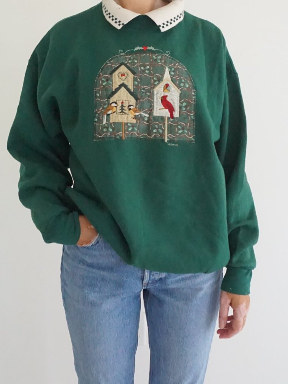 Vintage Valerie Green Folk Art Applique Birdhouse Cardinal Collared Sweater L